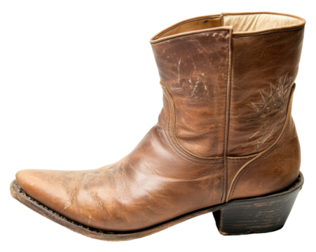 Vintage brown leather cowboy boot displayed alone, cut out - stock png.
