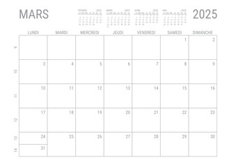 Calendrier Mars 2025 Mensual Planificateur avec Numero de Semaine à imprimer A4	