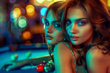 Obraz premium Weekend time with family kids friends in pool billiards club, learning pool play, Generative AI