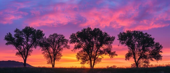 Fototapeta premium Vibrant Twilight Harmony: Silhouetted Trees in Colorful Sunset Sky