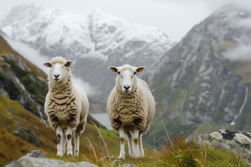 Fototapeta premium Sheep on the background of the mountains. Animals in the mountains