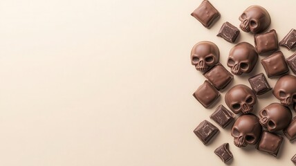 Capture a worms-eye view of a pile of skull-shaped chocolates, emphasizing shadows and textures in a hauntingly elegant digital illustration