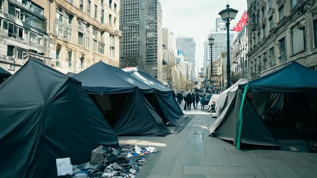 Dirty medium-sized homeless tents on an inner-city sidewalk, showcasing urban poverty and homelessness in a neglected area.
