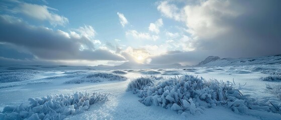 Obraz premium Winter Wonderland: Snowy Landscape under a Moody Cloudy Sky, Perfect for Holiday Season