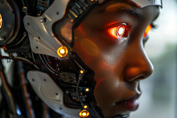 Fototapeta premium Robot cyborg humanoid helper in activities of daily life routine living with people, Generative AI