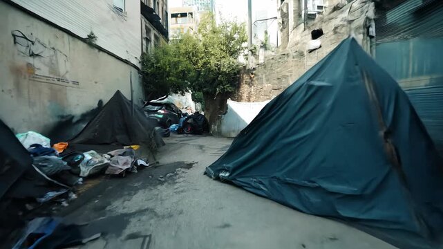 Dirty homeless tents on an inner-city sidewalk with scattered debris and graffiti on nearby walls, illustrating urban poverty and homelessness.
