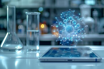 Futuristic Laboratory with Digital Molecular Structure Analysis on Tablet