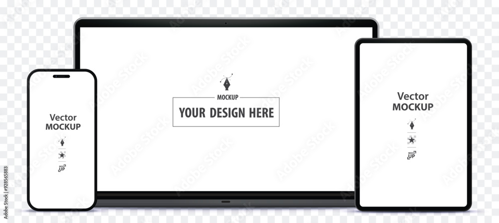 Poster tablet pc, mobile phone and laptop computer mockup. digital devices screen vector illustration templ