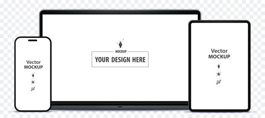 Tablet PC, Mobile Phone and Laptop Computer Mockup. Digital devices screen vector illustration  template on transparent background. Easy editable vector file.