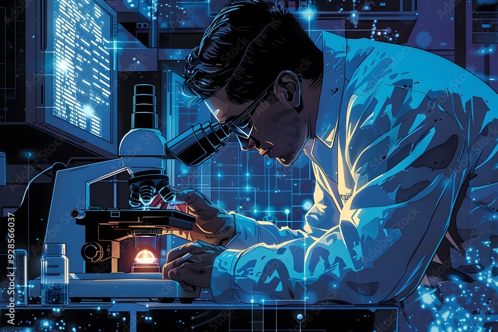 Poster scientist working with a microscope in a futuristic laboratory.