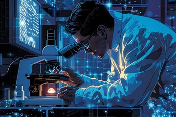 Scientist working with a microscope in a futuristic laboratory.