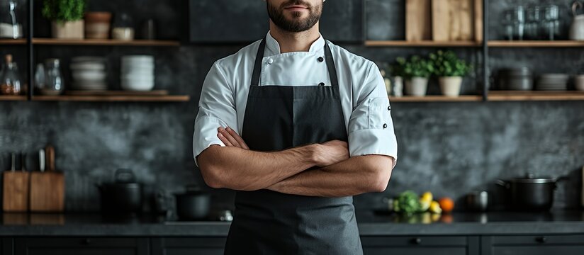 Closeup of a chef standing in the kitchen with his arms crossed, wearing a white chef jacket and a black apron.