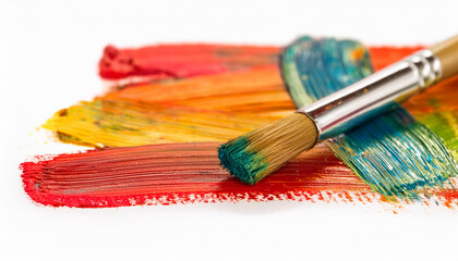 Obraz premium Paintbrushes and vibrant strokes on white background. Colorful image. Hand drawing.