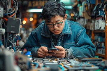 A man in glasses and a denim jacket carefully examines electronic components on a cluttered desk, focusing intently on his task in a busy tech workshop.
