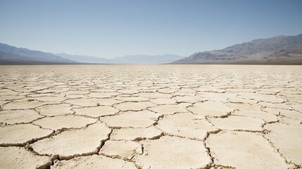 Vast, Desolate Landscape of Cracked Earth and Salt Flats with Distant Mountains and a Cloudless Sky. AI generated illustration