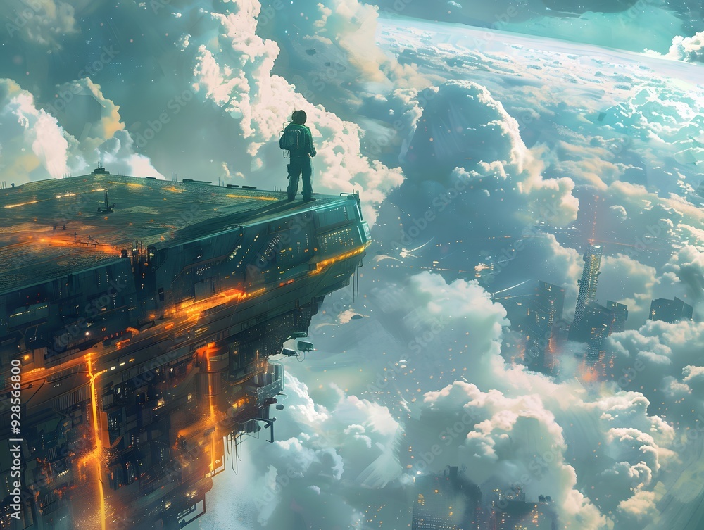 Poster man standing on edge of floating city in clouds.