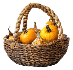 Autumn basket filled with decorative pumpkins, cut out - stock png.