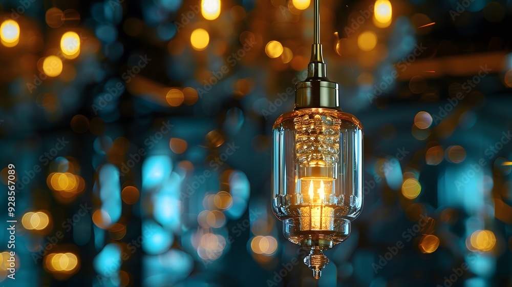Poster hanging light bulb with bokeh background.