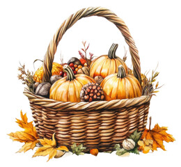 Autumn basket filled with pumpkins and foliage, cut out - stock png.