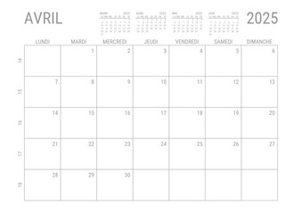 Calendrier Avril 2025 Mensual Planificateur avec Numero de Semaine à imprimer A4	