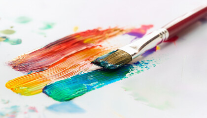 Fototapeta premium Paintbrushes and vibrant strokes on white background. Colorful image. Hand drawing.