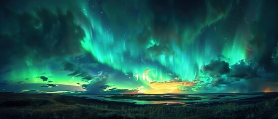 Obraz premium Ethereal Night Sky Dance: Northern Lights and Clouds Creating Magic in Nature's Embrace