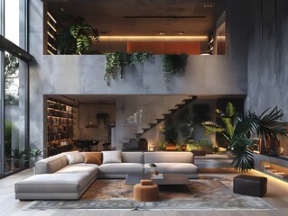 Modern Open Plan Living Room with Concrete Walls and Large Windows.
