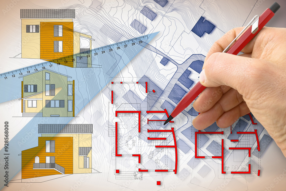 Poster architect drawing a new residential building over an imaginary cadastral map of territory