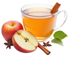 Warm apple cider with fresh apples and spices, cut out - stock png.