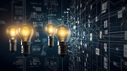 a light bulb patterns strategic map and network faint icons of business briefcases, laptops, and graphs, a professional and innovative vibe
