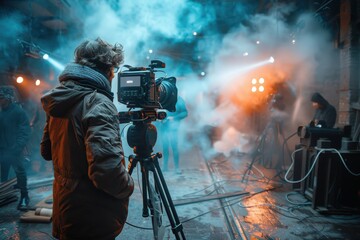 Fototapeta premium A film director operates a camera in a vibrant, steamy studio filled with mist, orange and blue lights, capturing the essence of creativity and dedication to filmmaking.