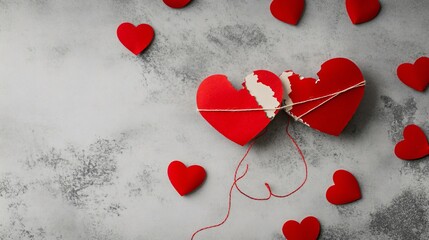 Connected Halves of Torn Paper Heart with Red Thread