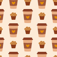 Coffee Cup and Muffin Pattern Seamless Background for Cafes and Bakery Themes.