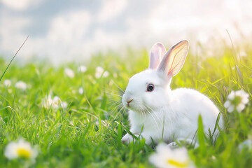 Obraz premium A white rabbit sitting on green grass with soft sunlight illuminating the background. The fresh and natural setting highlights the innocence and purity of the rabbit, perfect for spring and Easter 