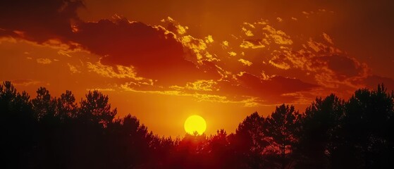 Obraz premium Majestic Sunset: Fiery Red and Orange Hues Over Silhouetted Trees in High- Quality