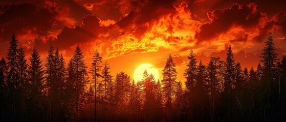 Intense Fiery Sunset: Breathtaking Red and Orange Hues Silhouetting Trees in High-Resolution 8K UHD Quality