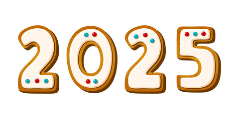 Christmas gingerbread cookies 2025 in cartoon style. Sweet biscuit in new year message isolated on white background. Cute Vector illustration