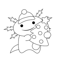 Cute cartoon Axolotl with Christmas tree in black and white