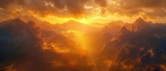Obraz premium Majestic Sunrise Over the Mountains - Awe-Inspiring Golden Light with Dramatic Clouds in Quality