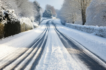 Obraz premium Snow-covered road leading through a winter landscape with trees on both sides. The serene and peaceful scenery provides a calming atmosphere, ideal for seasonal designs.