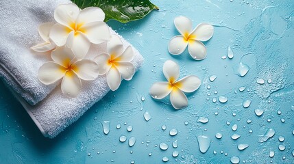 Tropical spa banner with frangipani flowers, water drops, and towel on blue tabletop, soft lighting, sharp focus, flat lay, beauty treatment, contest-winning.