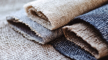 Close-up of folded fabric textures showcasing natural fibers in earthy tones, ideal for textile design or home decor applications