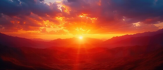 Fototapeta premium Majestic Fiery Sunset Over Silhouetted Mountains - Intense Landscape Photography