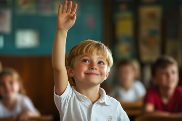 A cheerful boy in a classroom raising his hand confidently to participate. The bright, colorful background suggests an active learning environment, full of enthusiasm and engagement.