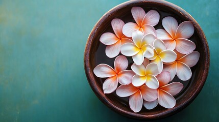 Fototapeta premium Tropical spa concept banner featuring frangipani flowers in a bowl, top view with studio lighting (close-up, freshness theme, vibrant, Manipulation, zen garden).