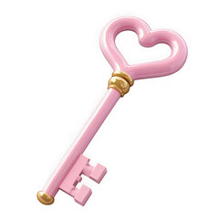 A pink key with a gold handle and a heart on it