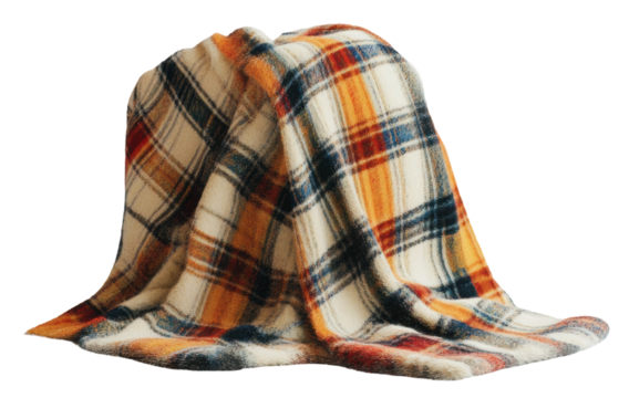 Cozy wool blanket draped over a chair indoors, cut out - stock png.