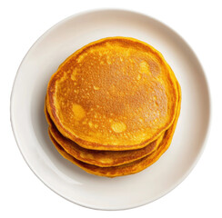 Stack of golden pancakes on a white plate, cut out - stock png.