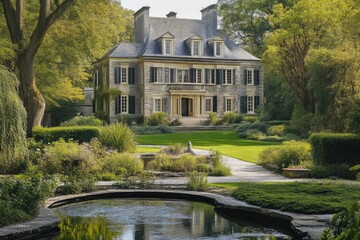 Obraz premium Luxurious Estate with Exquisite Gardens and Tranquil Garden Pond