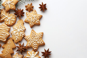 Christmas gingerbread cookies and candy canes on white background